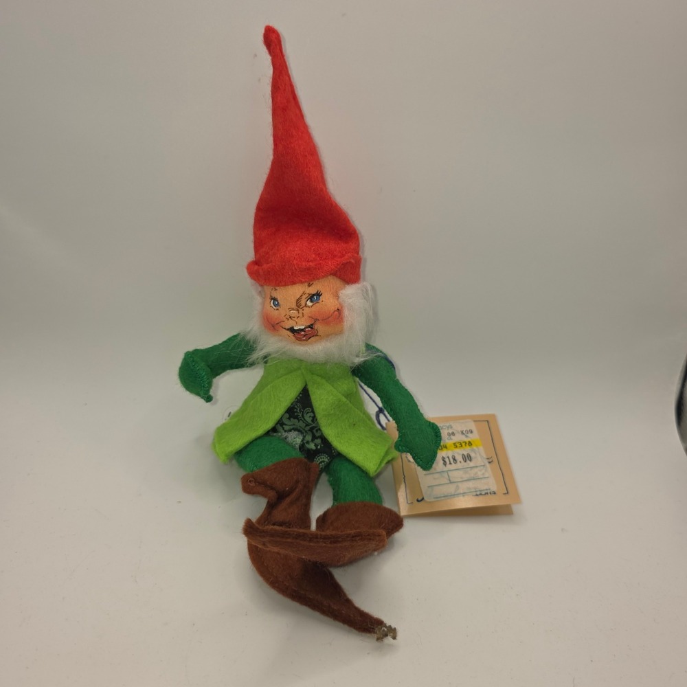 Vintage Annalee Mobilitee‎ Elf Doll Red Hat Green Tunic Poseable Felt 1990s